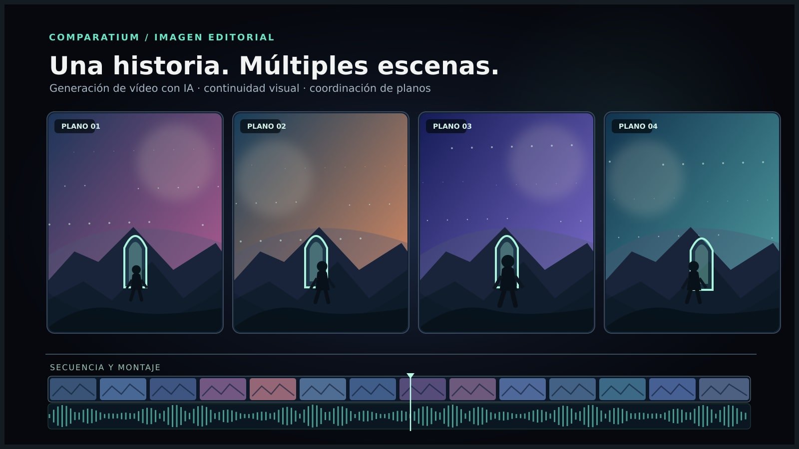 Ilustración de cuatro escenas sucesivas con el mismo personaje y una línea de montaje de vídeo; representa la continuidad de una pieza larga generada con IA